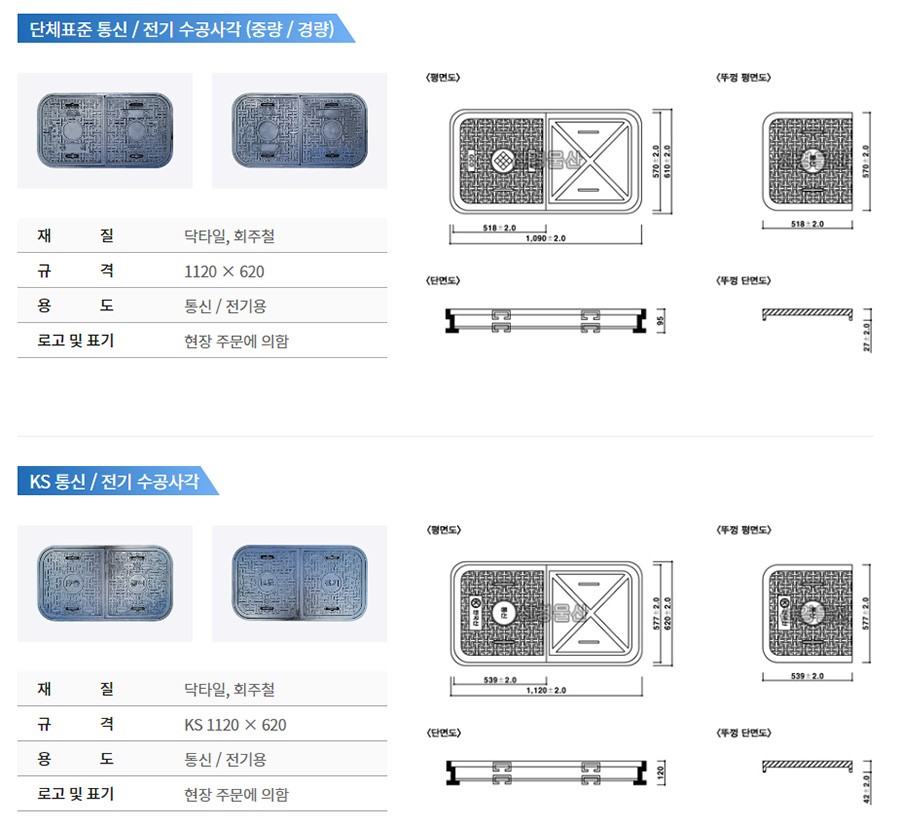 단체표준 / KS 제품 > 수공 사각 통신 / 전기맨홀